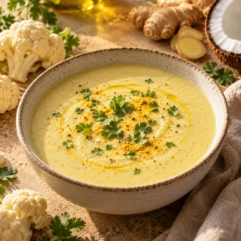 מרק כרובית קרמי עם קרם קוקוס, ג׳ינג׳ר וקארי
