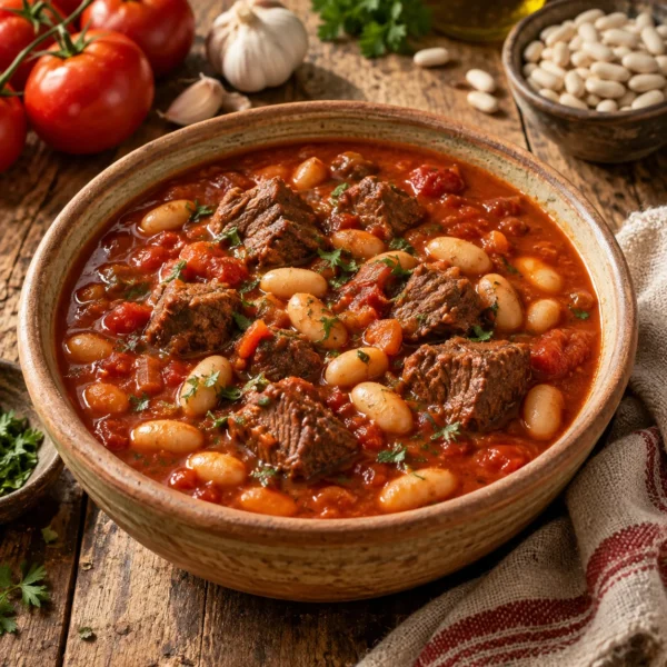 מרק שעועית לבנה עם קוביות בשר ברוטב עגבניות בקערה