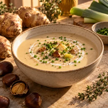 מרק ארטישוק ירושלמי קטיפתי עם ערמונים ושורשים