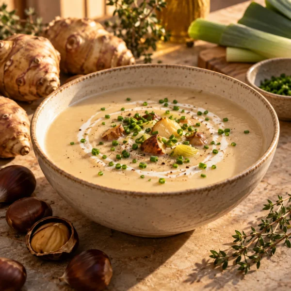 מרק ארטישוק ירושלמי קטיפתי בקערה עם עירית קצוצה וערמונים